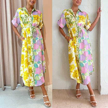Robe longue à fleurs et poches à lacets pour femme