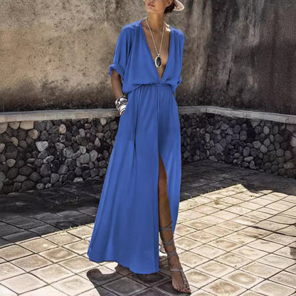 Robe ample décontractée à manches courtes et col en V profond pour femme, couleur unie