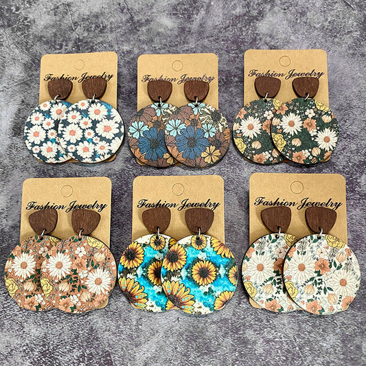 Bohemian Retro Wooden Flower Stitching Earrings