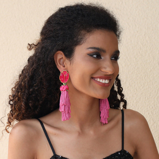 Pendientes florales con borlas bohemias para mujer