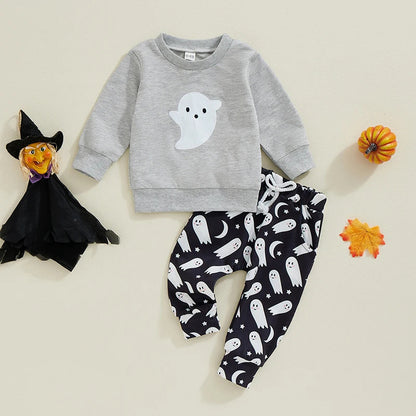 Kids Halloween Pumpkin Print Cotton Long Sleeve Set