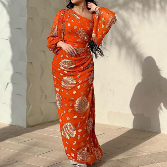 Women Fashion Sexy Printed Chiffon Long-Sleeve Dress