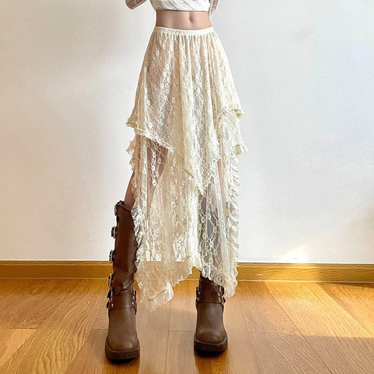 Women Vacation Lace Irregular Low-Waist Skirt