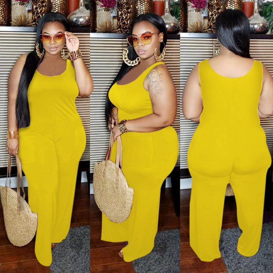 Women Plus Size Solid Color Sleeveless Jumpsuit