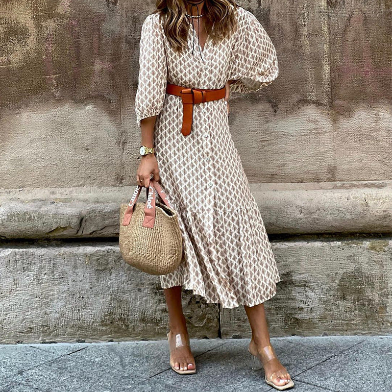 Robe ample décontractée imprimée à col en V et manches longues pour femme avec jupe trapèze