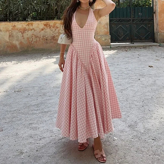 Vestido elegante de poliéster con cuello en V y estampado de cuadrícula para mujer