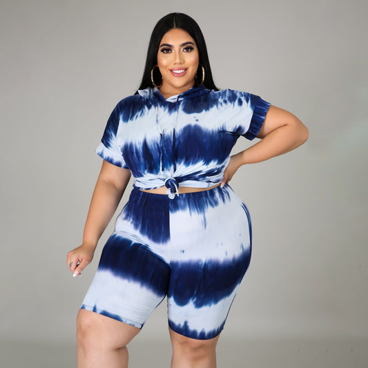Women Casual Tie-Dye Shorts Two-Piece Set with Hoodies