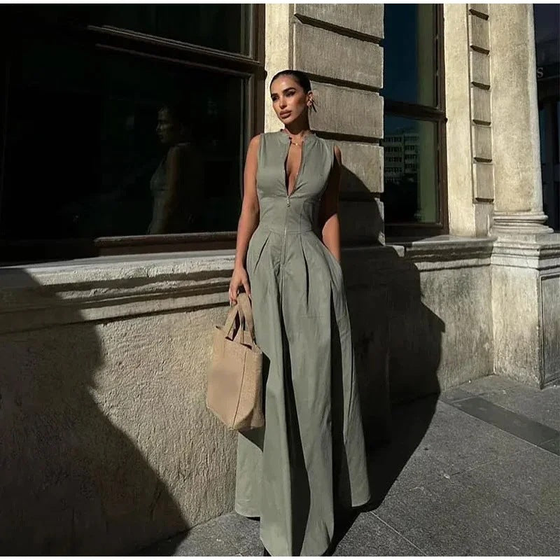 Vestido largo de color liso con cintura alta a la moda para mujer