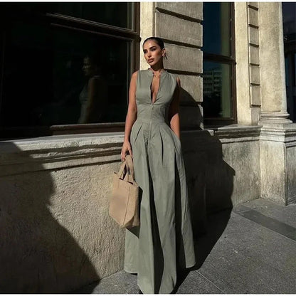 Vestido largo de color liso con cintura alta a la moda para mujer