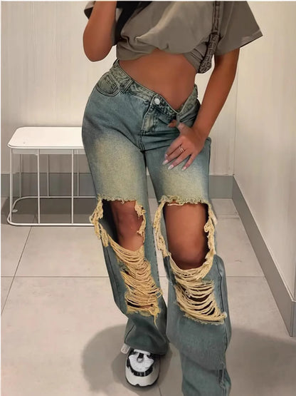 Women Fashion Low Waist Ripped Straight Jeans