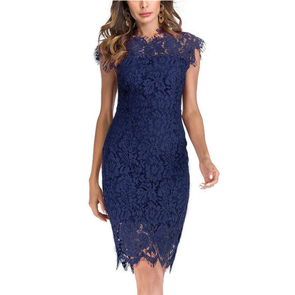 Women Fashion Sexy Solid Color Lace Short-Sleeve Dress