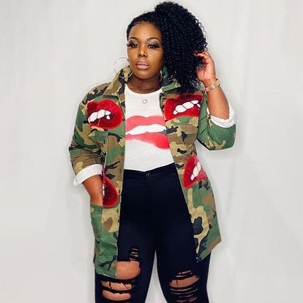 Manteau décontracté à revers et paillettes camouflage pour femme