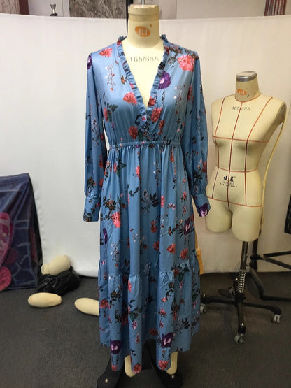 Robe à manches longues et col en V pour femme, style rétro décontracté, style bohème, imprimé floral