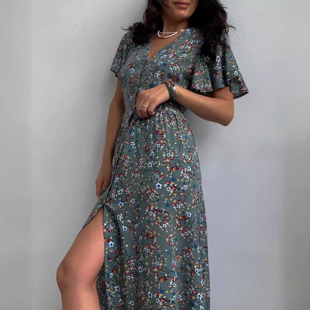 Vestido holgado informal con estampado floral, escote en V y manga corta para mujer