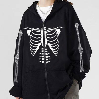 Cardigan sweat-shirt zippé gothique à motif tête de mort pour femme