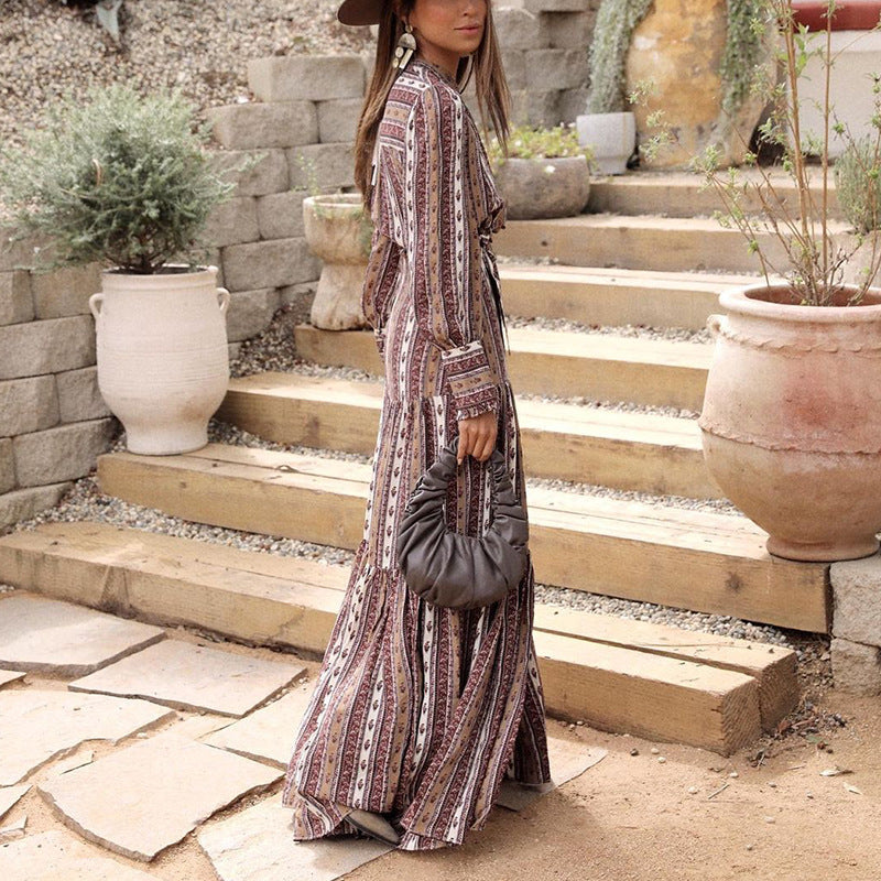 Women Fashion Elegant Boho Printed Long Sleeve Dress