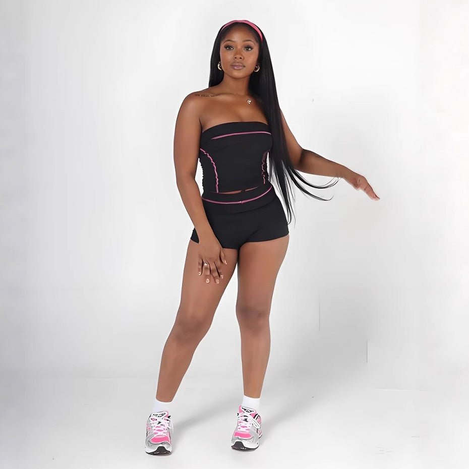 Conjunto de dos piezas de top y pantalones cortos con contraste de color para mujer en poliéster