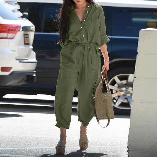 Women Fashion Casual Solid Color Cotton Jumpsuit