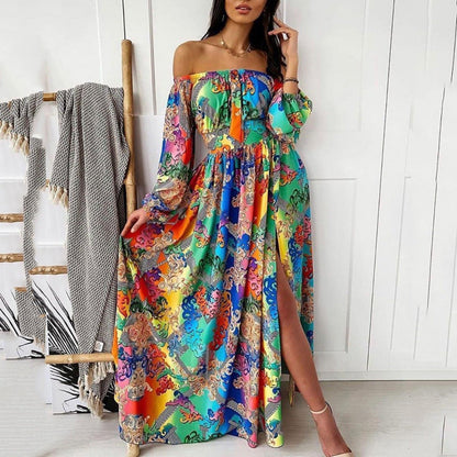 Women Fashion Boho Style Floral Printed Off-Shoulder Maxi Dress