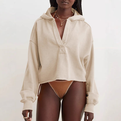 Women Solid Color V-Neck Long Sleeve Hoodies with Loose Fit