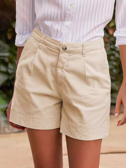 Pantalones cortos casuales de algodón y lino de color liso para mujer