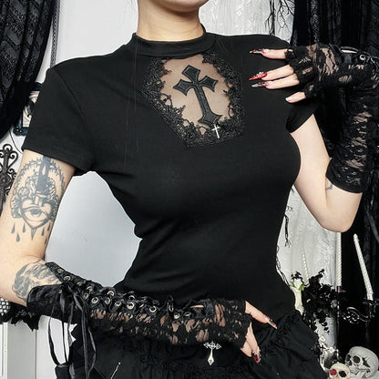 Women Fashion Sexy Gothic Cross Lace T-Shirt