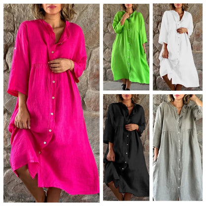 Summer Women Casual Solid Color Button Dress