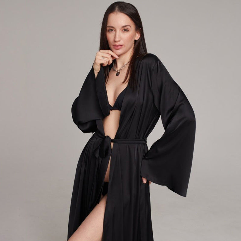 Women Fashion Casual Silk Pajamas Nightgown in Black and White