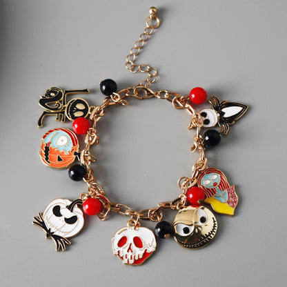 Pulsera de Halloween con colgante de calavera de calabaza, fantasma y araña de diamante