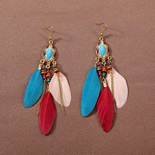 Pendientes de plumas con borlas retro de estilo étnico bohemio