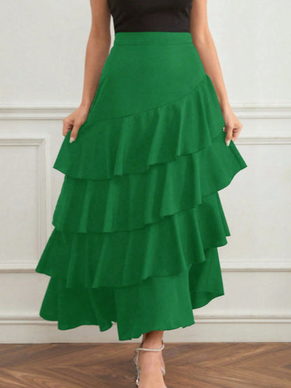 Women Fashion Casual Solid Color Ruffled High Waist Skirt