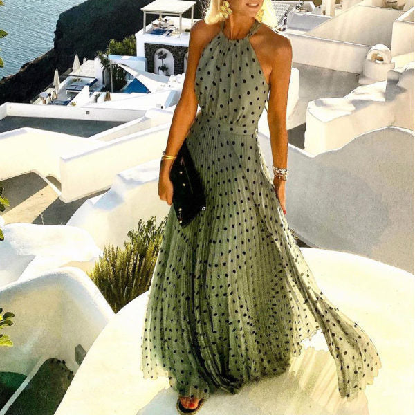 Women Fashion Casual Boho Polka Dot Printing Sleeveless Maxi Dress