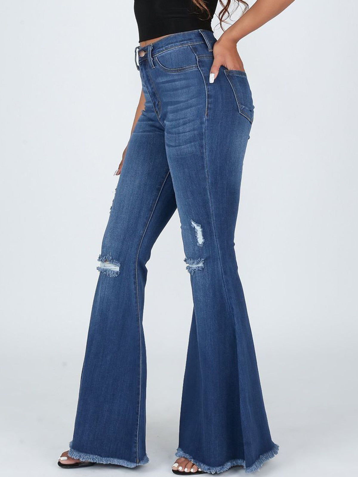 Women Retro Ripped Flared Jeans with Cotton and Polyester