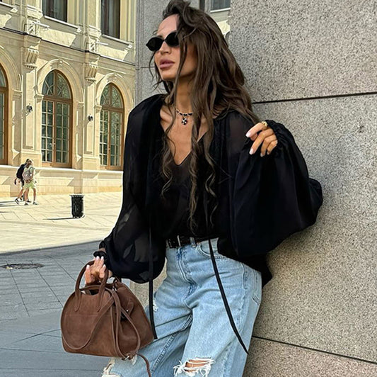 Women Fashion Casual Long-Sleeve Lace-Up Black Blouse