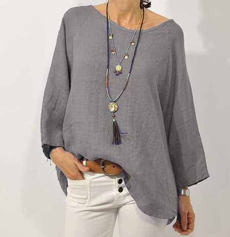 Blusa informal de lino y algodón de color liso de talla grande