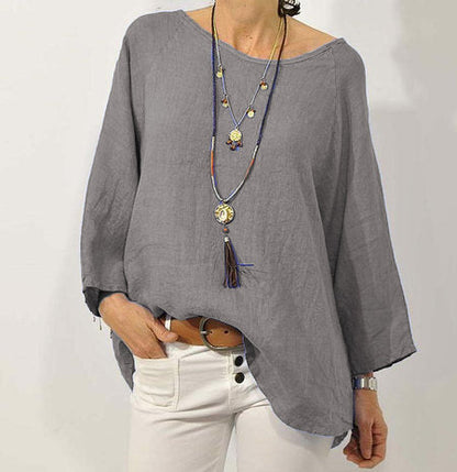 Blusa informal de lino y algodón de color liso de talla grande