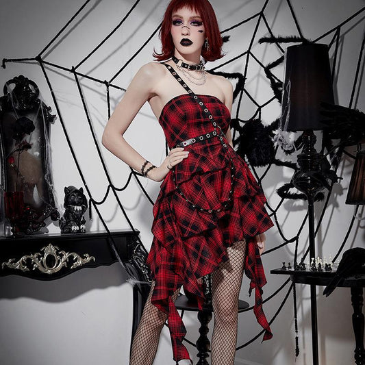 Gothic Women Fashion Check Print Irregular Dress