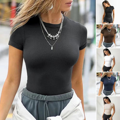 Camiseta sencilla de manga corta con cuello redondo, ajustada y entallada para mujer