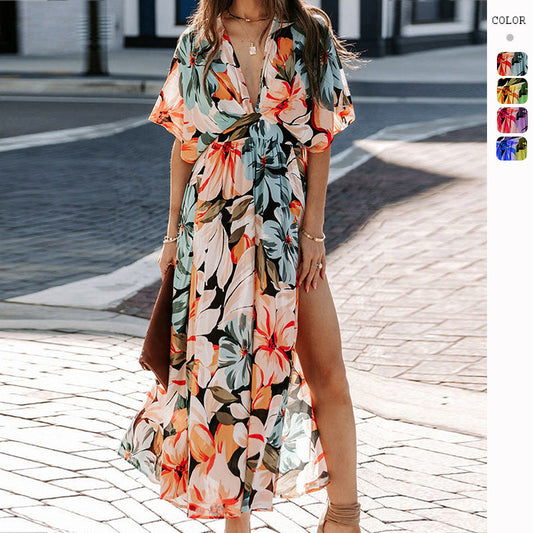 Women Summer Vacation Boho V-Neck Floral Print Batwing Sleeve Dress