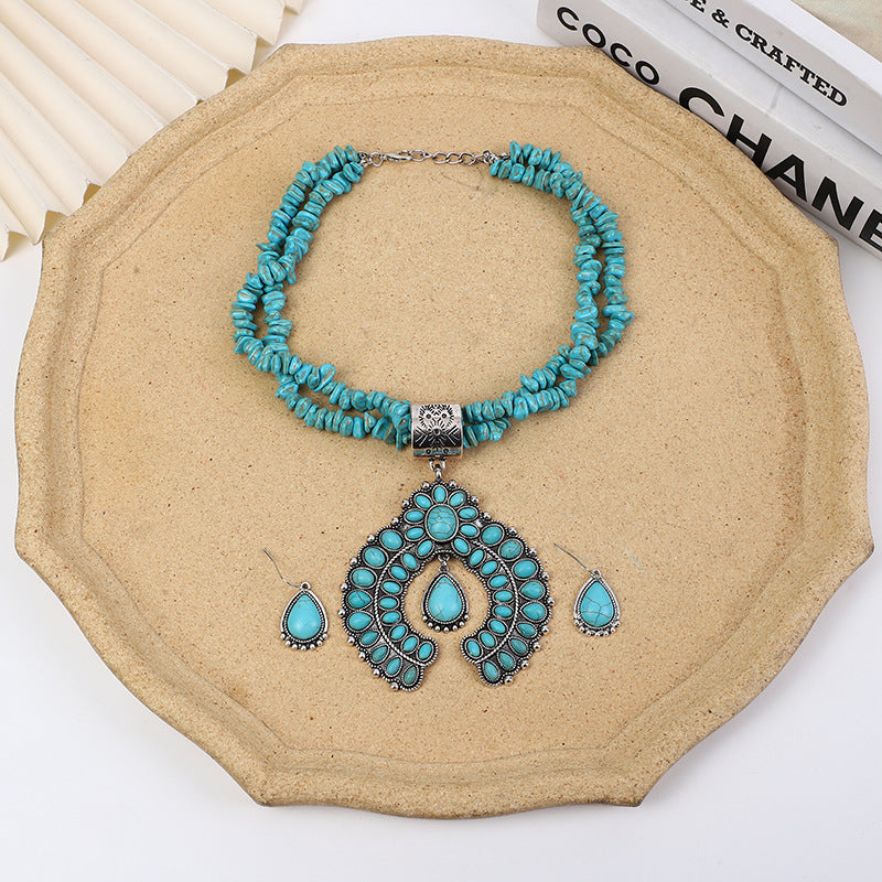 Conjunto de pendientes y collar con colgante geométrico para mujer - Joyería retro floral turquesa