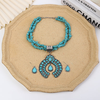 Conjunto de pendientes y collar con colgante geométrico para mujer - Joyería retro floral turquesa