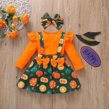 Vestido informal de manga larga con estampado de calabaza para niñas pequeñas