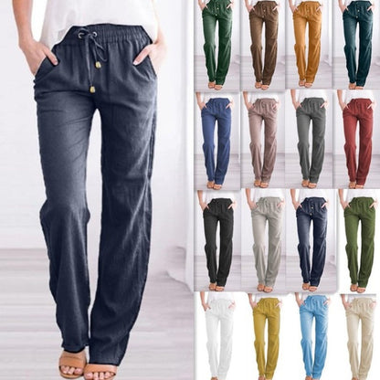 Women Casual Solid Color Cotton Linen Drawstring Pants