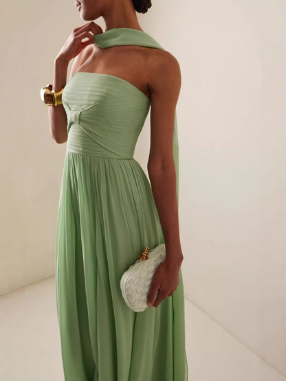 Women Elegant Solid Color Strapless Pleated Dress