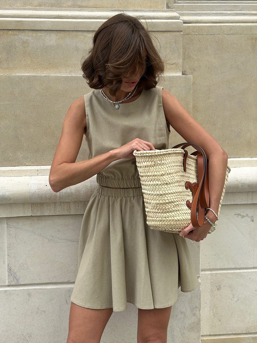 Conjunto de top y falda sin mangas de color liso a la moda informal para mujer