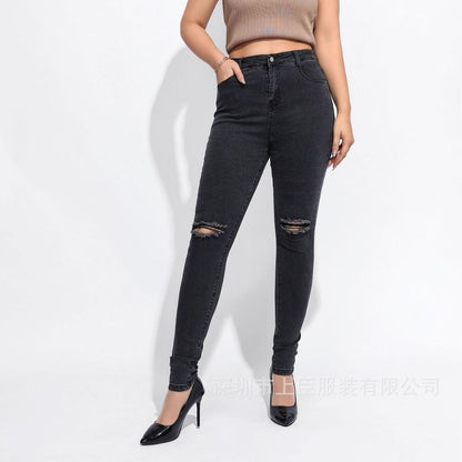 Vaqueros de cintura alta elásticos y rasgados sexys a la moda para mujer