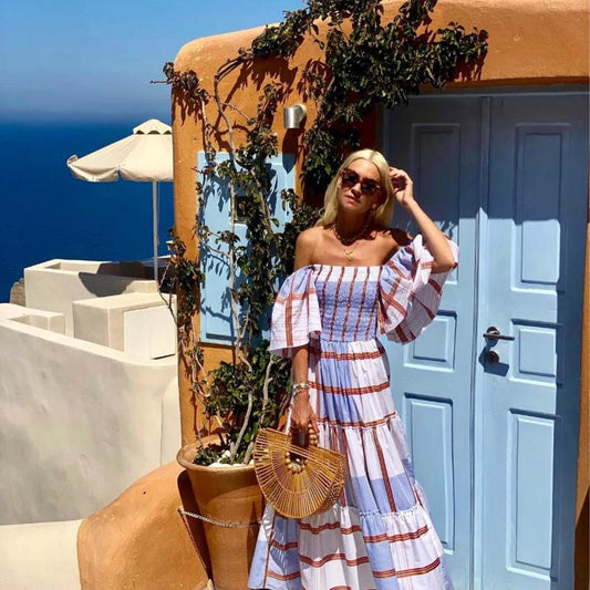 Summer Women Casual Stripe Off Shoulder Short Sleeve Ruffle Maxidress