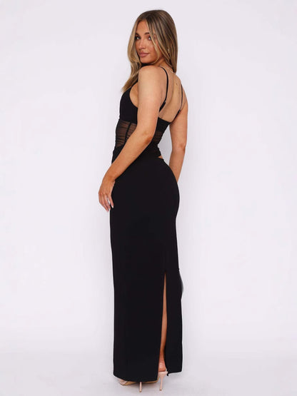 Women Fashion Solid Color Mesh Sleeveless Camisole and A-Line Skirt Set