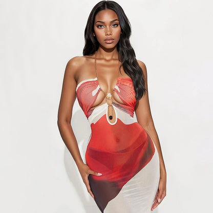 Robe sexy à imprimé floral et chaîne coquillages pour femme