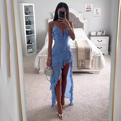 Women Sexy Irregular Ruffled Spaghetti Strap Dress in Sky Blue